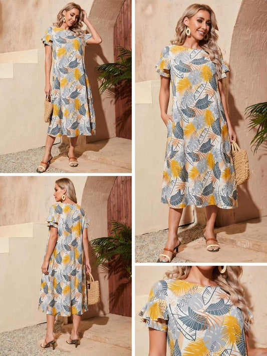 Women’s Tropical Leaf Print Midi Dress – Flutter Sleeve Loose Casual Dress