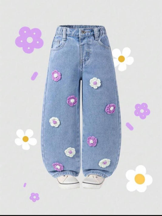 Kids Floral Appliqué Light Wash Balloon Jeans – Cute Wide Leg Denim Pants for Girls