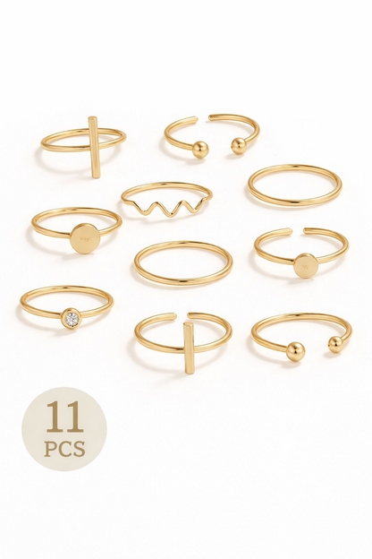 11 Pcs Minimalist Gold Ring Set for Women – Stackable Adjustable Midi Rings – Shein Style