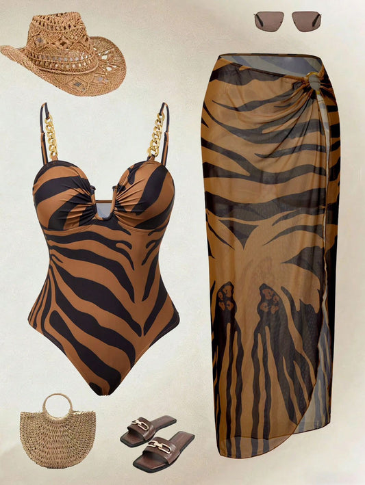 Women’s Zebra Print One Piece Swimsuit with Chain Straps and Matching Sheer Sarong – Beachwear Set