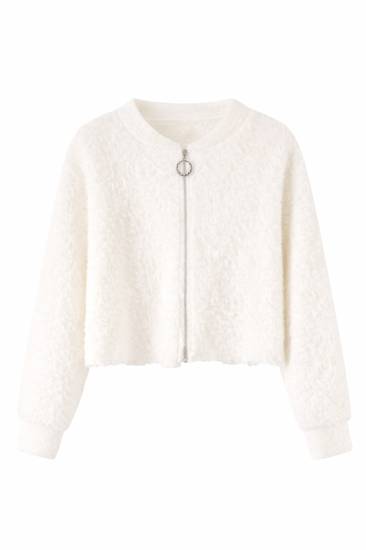 Women’s White Fuzzy Zip-Up Cardigan – Soft Fluffy Long Sleeve Winter Jacket – Cozy Short Knit Outerwear