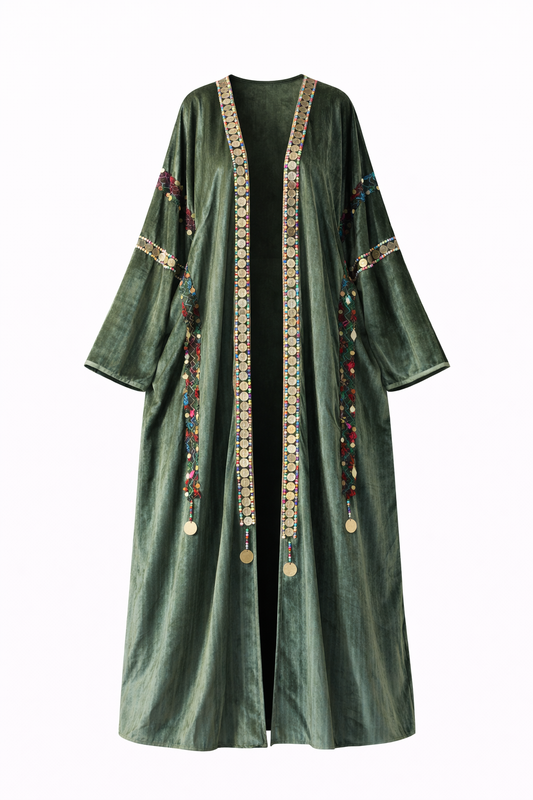 Dark Olive Embroidered Open Front Abaya Kaftan – Boho Modest Maxi Kimono Cardigan for Women