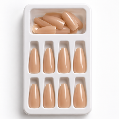 16-Piece Nude Brown Press-On Nails Set – Glossy Short Almond False Nails – Elegant Everyday Manicure Kit