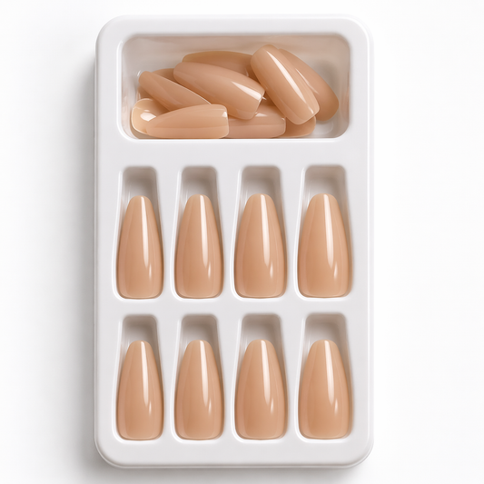 16-Piece Nude Brown Press-On Nails Set – Glossy Short Almond False Nails – Elegant Everyday Manicure Kit
