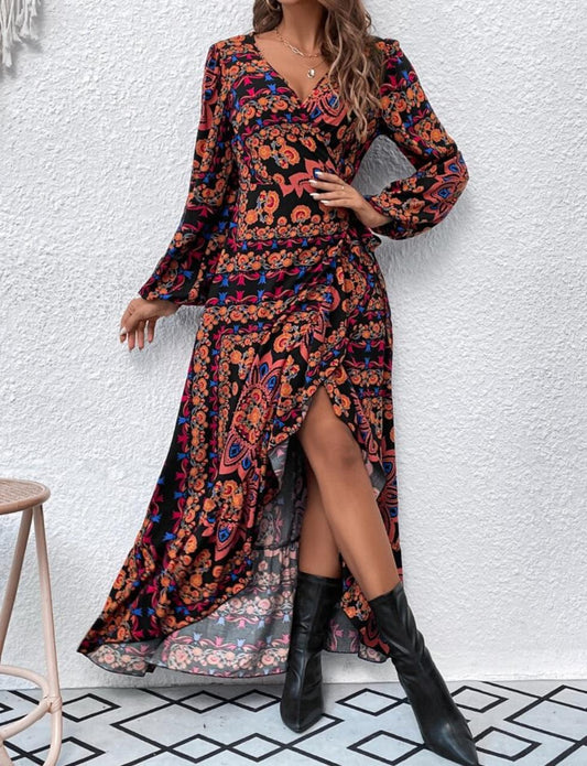 Women's Boho Printed Maxi Wrap Dress – Multicolor Long Sleeve V-Neck Dress – Flowy Asymmetrical Hem – Casual Chic Dress