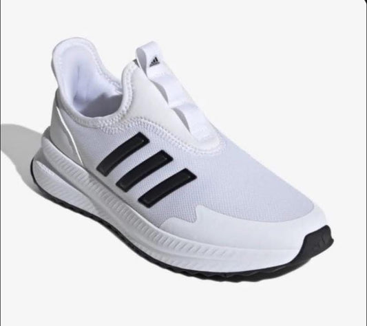 Adidas-Inspired Kids White Slip-On Running Sneakers with Black Stripes – Lightweight Sports Shoes