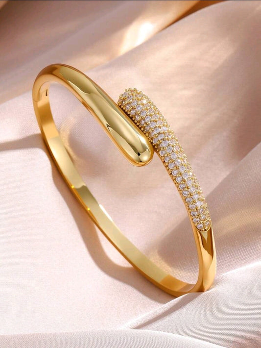 Minimalist Crystal Open Cuff Bracelet for Women – 18K Gold & Silver Plated