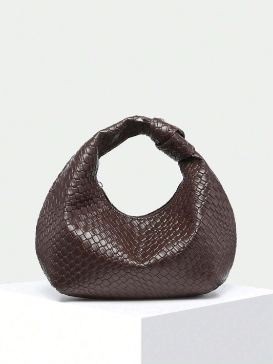 Women's Woven Hobo Shoulder Bag – Dark Brown Faux Leather – Slouchy Soft Handbag – Knotted Handle