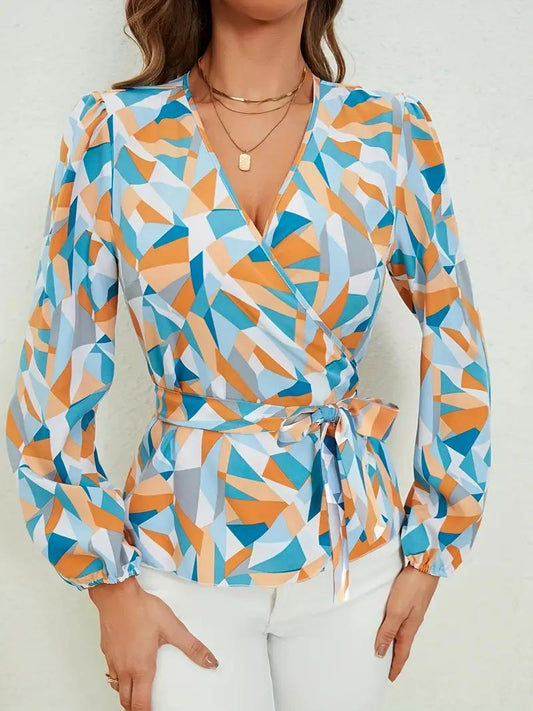 Women’s Geometric Print Wrap Blouse – Blue & Orange V-Neck Tie Waist Top