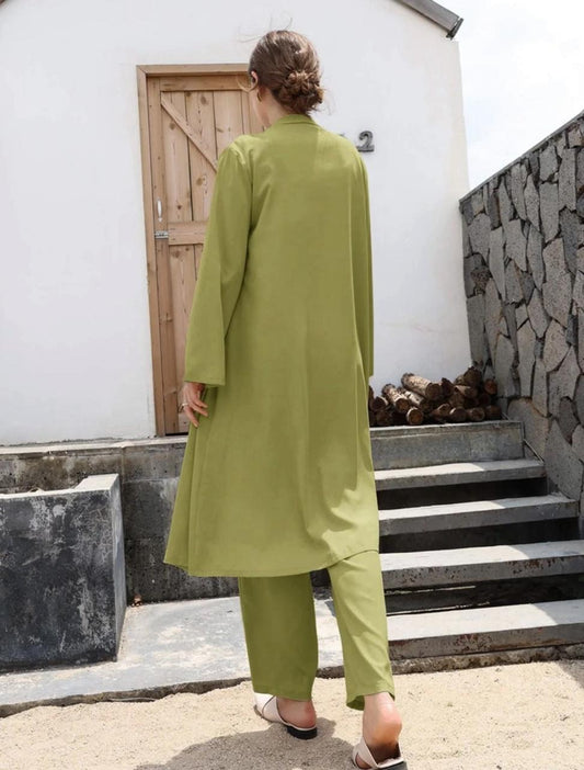 Olive Green 2 Piece Modest Set for Women – Belted Open Front Longline Cardigan with Wide Leg Pants – Elegant Casual Matching Outfit