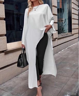 Women’s White Asymmetrical Maxi Tunic Top – Long Sleeve Oversized Elegant Flowing Blouse