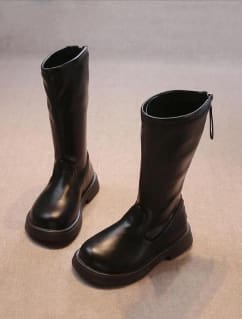Girls Black Mid-Calf Boots – Chunky Sole Side Zip Casual Winter Boots