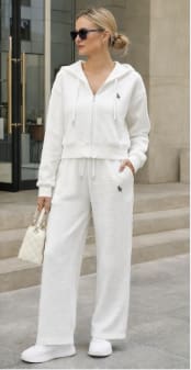 Women’s White Textured Zip Hoodie & Wide Leg Pants Set – Casual 2 Piece Lounge Set