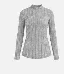 2-Piece Ribbed Knit Lounge Set – Grey Mock Neck Long Sleeve Top with Slim Fit Pants