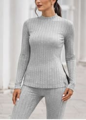 2-Piece Ribbed Knit Lounge Set – Grey Mock Neck Long Sleeve Top with Slim Fit Pants