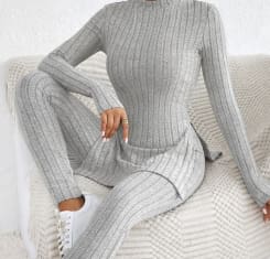 2-Piece Ribbed Knit Lounge Set – Grey Mock Neck Long Sleeve Top with Slim Fit Pants