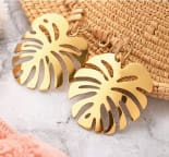 Gold Tropical Leaf Drop Earrings – Monstera Statement Dangle Earrings – Bold Fashion Jewelry for Women