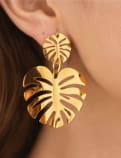 Gold Tropical Leaf Drop Earrings – Monstera Statement Dangle Earrings – Bold Fashion Jewelry for Women