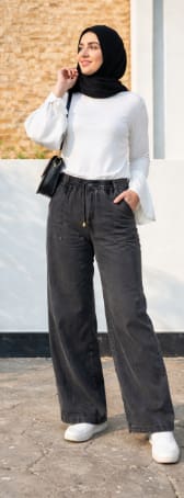 Washed Charcoal Wide Leg Drawstring Denim Pants – Elastic Waist Casual Loose Fit Jeans for Women – Modest Everyday Streetwear Trousers