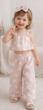Toddler Girls 3-Piece Heart Print Outfit Set – Ruffle Strap Crop Top, Wide Leg Pants & Matching Bow Headband – Pink