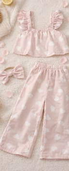 Toddler Girls 3-Piece Heart Print Outfit Set – Ruffle Strap Crop Top, Wide Leg Pants & Matching Bow Headband – Pink
