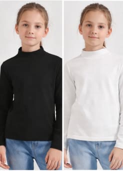 Girls 2 Pack Mock Neck Long Sleeve Tops – Black & White Basic Stretch Tops – Size 12 Years