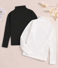 Girls 2 Pack Mock Neck Long Sleeve Tops – Black & White Basic Stretch Tops – Size 12 Years