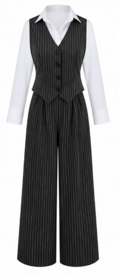 Women’s Pinstripe 2-Piece Vest & Wide Leg Pants Set – Black and White – Office Chic Tailored Outfit