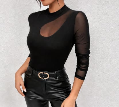 Women’s Black Sheer Mesh Cutout Bodysuit Top – Long Sleeve Slim Fit Mock Neck Elegant Party Top