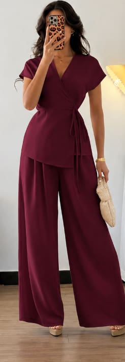 Women’s Burgundy Wrap Top & Wide Leg Pants Set – Elegant Two Piece Matching Outfit – Cap Sleeve Tie Waist Co-ord Set