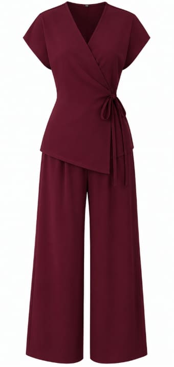 Women’s Burgundy Wrap Top & Wide Leg Pants Set – Elegant Two Piece Matching Outfit – Cap Sleeve Tie Waist Co-ord Set
