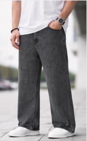 Men’s Grey Wide Leg Jeans – Casual Loose Fit Straight Denim Pants