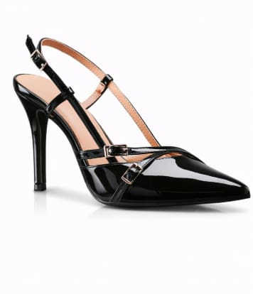 Elegant Patent Slingback High Heels – Black Pointed Toe Strappy Stiletto Pumps for Women