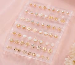 36-Pair Gold Tone Stud Earrings Set for Women – Pearl, Bow, Flower & Rhinestone Mixed Mini Earrings – Multi Style Everyday Jewelry Collection