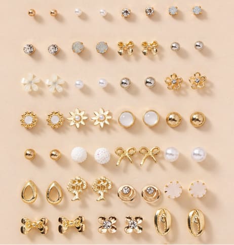 36-Pair Gold Tone Stud Earrings Set for Women – Pearl, Bow, Flower & Rhinestone Mixed Mini Earrings – Multi Style Everyday Jewelry Collection