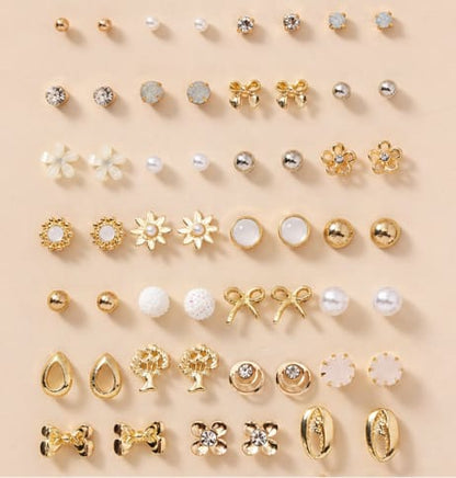 36-Pair Gold Tone Stud Earrings Set for Women – Pearl, Bow, Flower & Rhinestone Mixed Mini Earrings – Multi Style Everyday Jewelry Collection