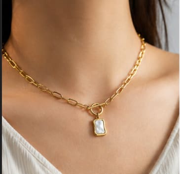 Women’s Gold Chain Necklace with White Geometric Pendant – Adjustable Statement Choker Jewelry